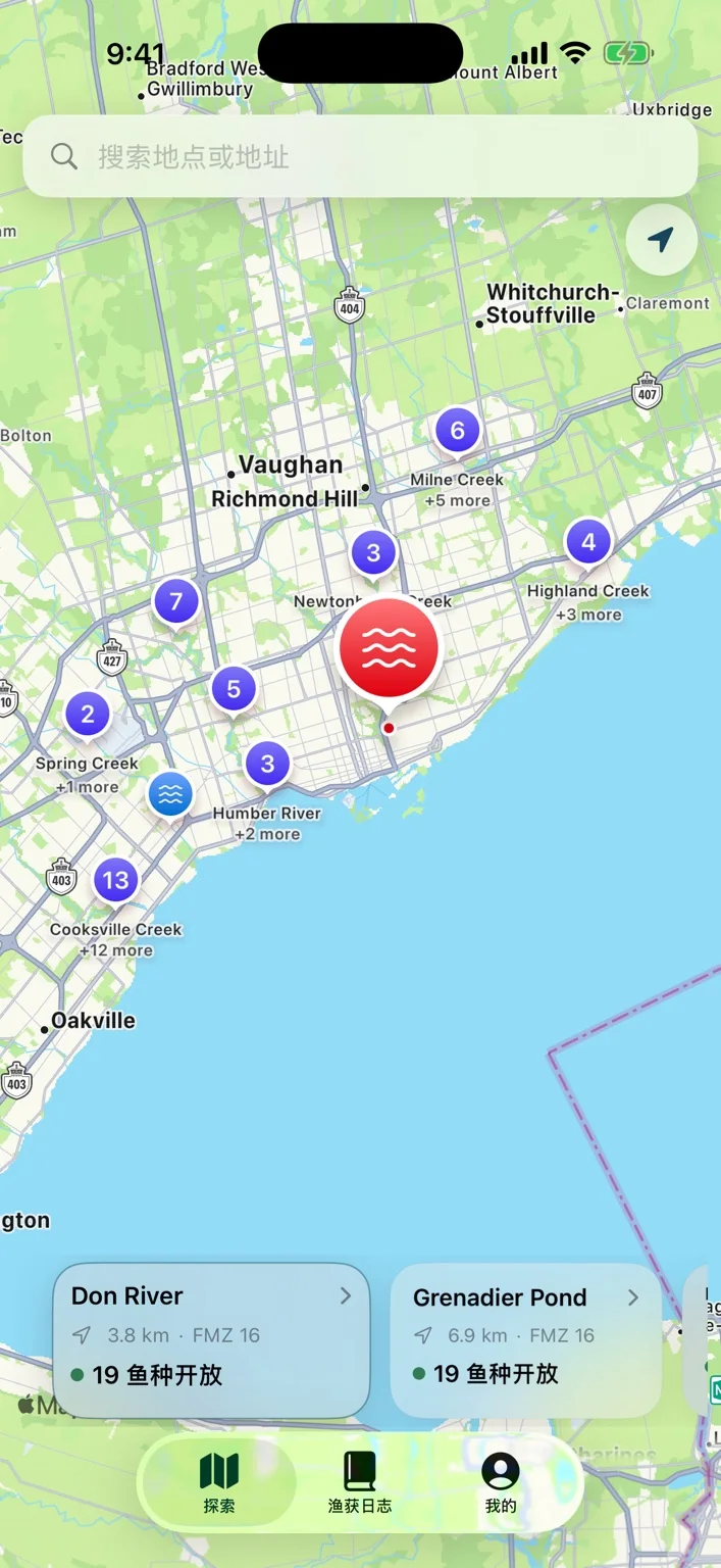 ON Fishing map-first waterbody discovery screenshot